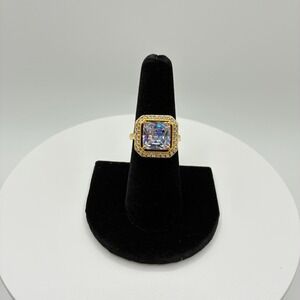 Women Adjustable Ring Size 7 Gold Square Halo Cubic Zirconia Cocktail